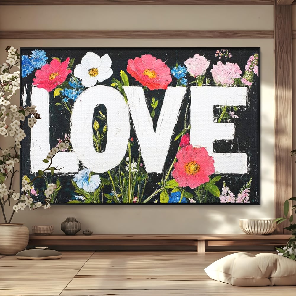 Tablou canvas cu tablou canvas cu flori si cuvantul love, in rama de aluminiu negru